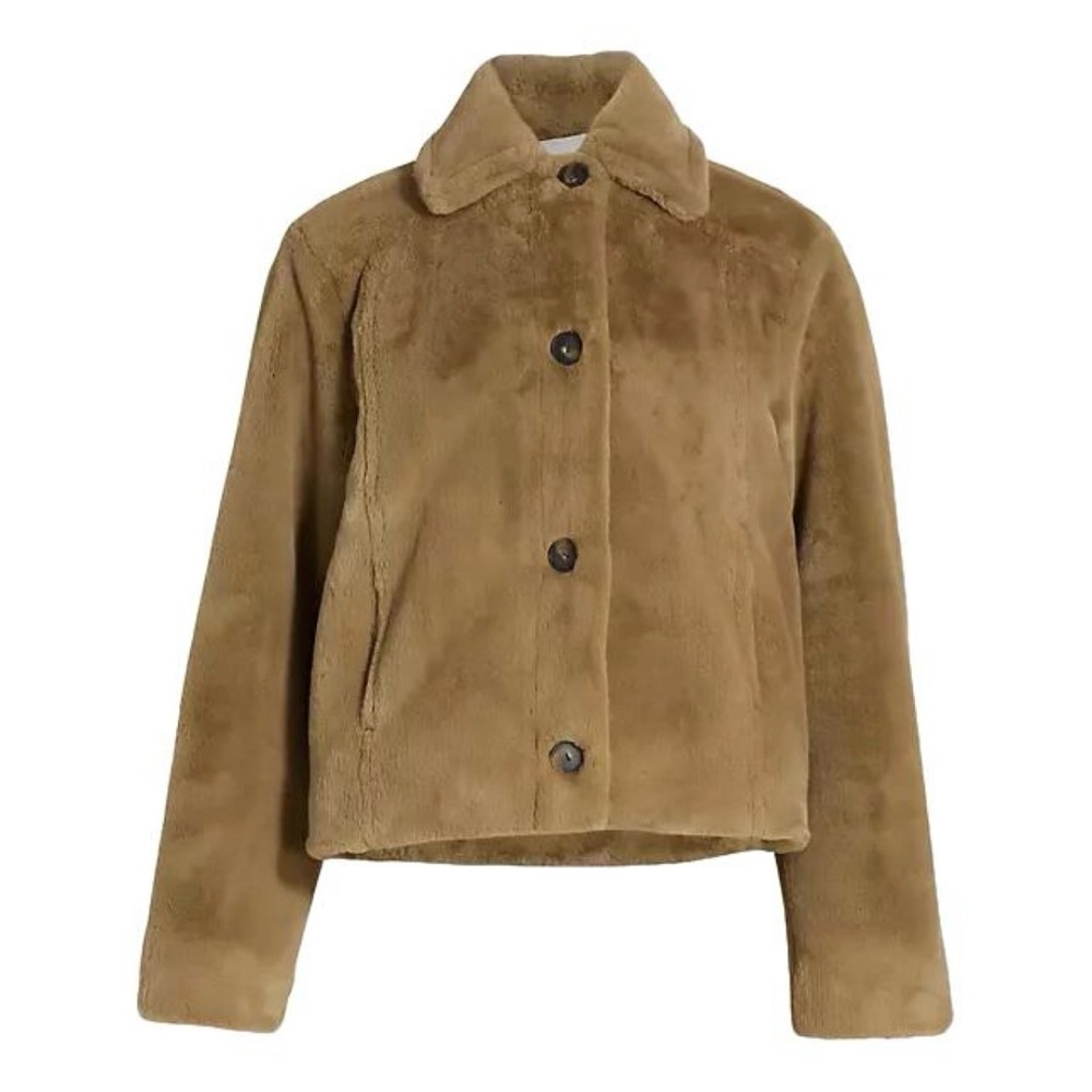 VINCE. Faux Fur Trucker Teddy Jacket, Sand Shell, Large